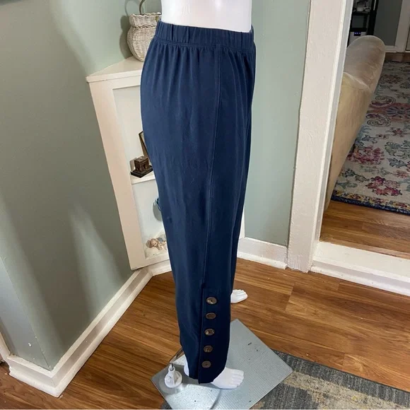 Soft Surroundings Navy Blue Elastic Waist Lounge Pants Straight Leg Side Buttons - Picture 6 of 11